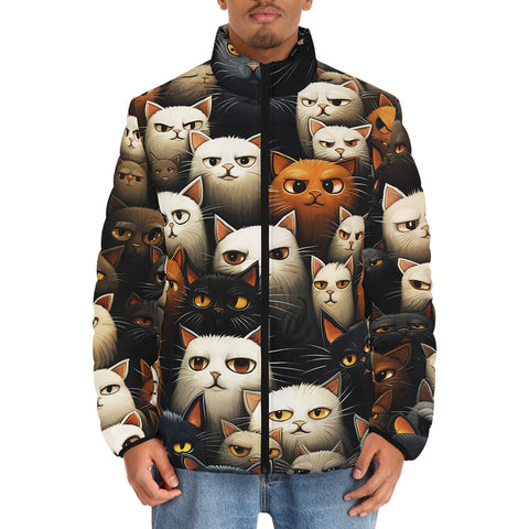 Down-Padded Puffer Jacket Cute Cats Art