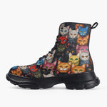 Casual Leather Chunky Boots Colorful Cats Collage