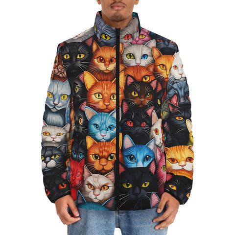 Down-Padded Puffer Jacket Colorful Cats Collage