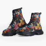 Casual Leather Chunky Boots Colorful Cats Collage