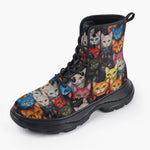 Casual Leather Chunky Boots Colorful Cats Collage