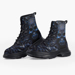 Casual Leather Chunky Boots Blue Skull Polygons