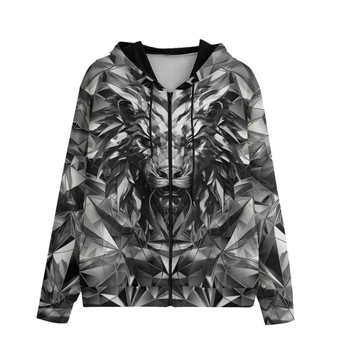 Men's Zip Up Hoodie Silver Lion Face