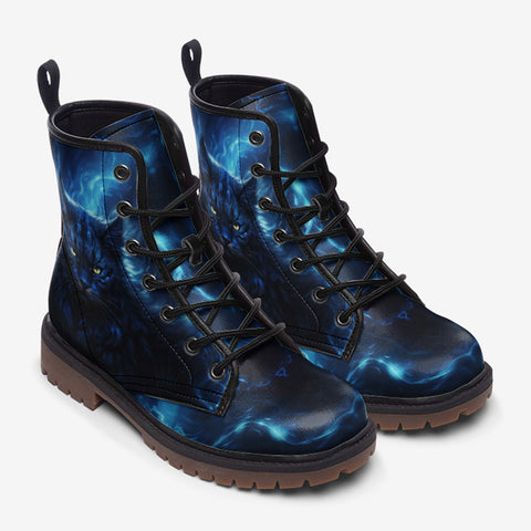 Leather Boots Cat in Blue Flames