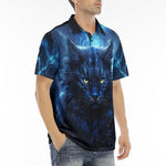 Men's Polo Shirt Cat in Blue Flames