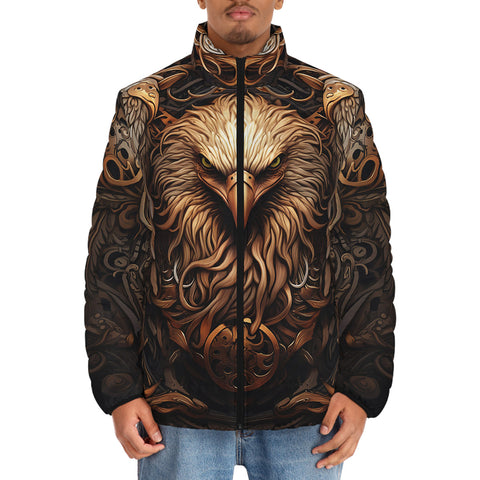 Down-Padded Puffer Jacket Steampunk Stylized Eagle with Wings