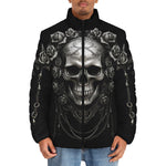 Down-Padded Puffer Jacket Gothic Silver Skull with Roses