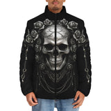 Down-Padded Puffer Jacket Gothic Silver Skull with Roses