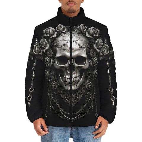 Down-Padded Puffer Jacket Gothic Silver Skull with Roses