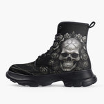 Casual Leather Chunky Boots Gothic Silver Skull with Roses