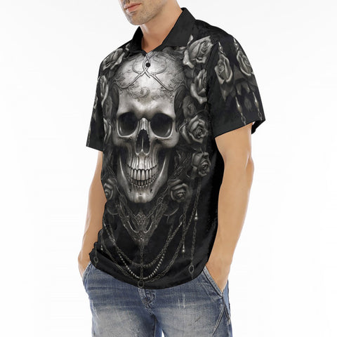 Men's Polo Shirt Gothic Silver Skull with Roses