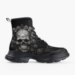 Casual Leather Chunky Boots Gothic Silver Skull with Roses