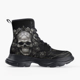 Casual Leather Chunky Boots Gothic Silver Skull with Roses