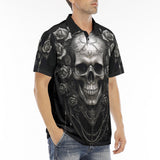 Men's Polo Shirt Gothic Silver Skull with Roses