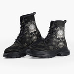 Casual Leather Chunky Boots Gothic Silver Skull with Roses