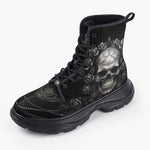 Casual Leather Chunky Boots Gothic Silver Skull with Roses