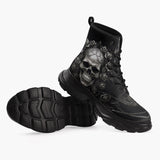 Casual Leather Chunky Boots Gothic Silver Skull with Roses