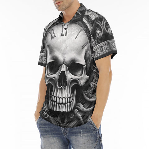 Men's Polo Shirt Skull with Gears and Clock