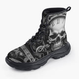 Casual Leather Chunky Boots Skull with Gears and Clock