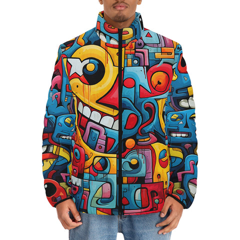 Down-Padded Puffer Jacket Colorful Robots Graffiti Art