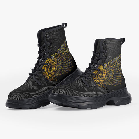Casual Leather Chunky Boots Gothic Golden Wings