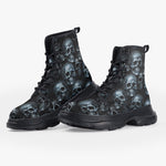 Casual Leather Chunky Boots Blue Metal Skulls