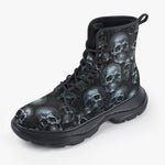 Casual Leather Chunky Boots Blue Metal Skulls