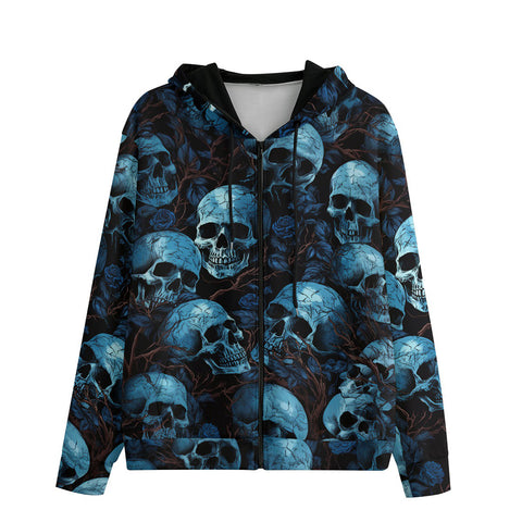 Men's Zip Up Hoodie Blue Skulls with Flowers