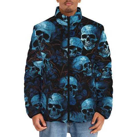 Down-Padded Puffer Jacket Blue Skulls with Flowers