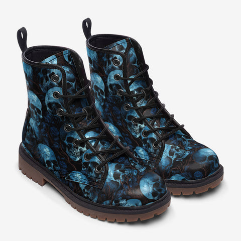 Leather Boots Blue Skulls with Flowers