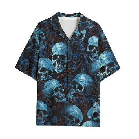 Hawaiian Shirt Blue Skulls with Flowers