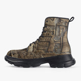 Casual Leather Chunky Boots Egyptian Stone Artwork