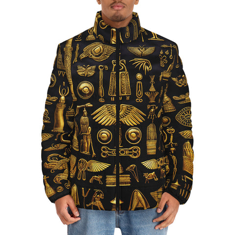 Down-Padded Puffer Jacket Gold Egyptian Symbols