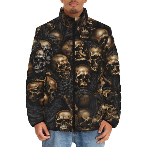 Down-Padded Puffer Jacket Dark Brown Skulls Collage