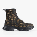 Casual Leather Chunky Boots Dark Brown Skulls Collage