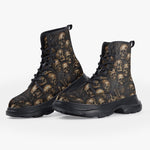 Casual Leather Chunky Boots Dark Brown Skulls Collage