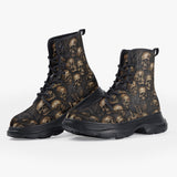 Casual Leather Chunky Boots Dark Brown Skulls Collage
