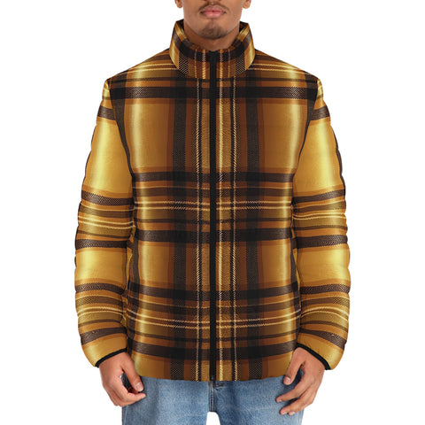 Down-Padded Puffer Jacket Luxury Golden Tartan Plaid