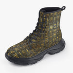 Casual Leather Chunky Boots Wall Engraved Golden Egyptians Symbols