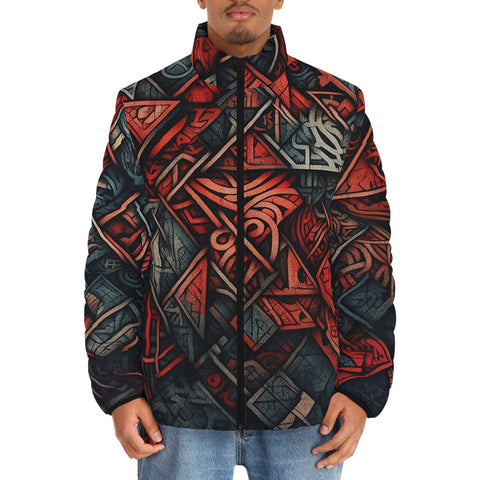 Down-Padded Puffer Jacket Abstract Dark Red Geometric