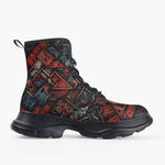 Casual Leather Chunky Boots Abstract Dark Red Geometric