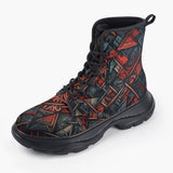 Casual Leather Chunky Boots Abstract Dark Red Geometric