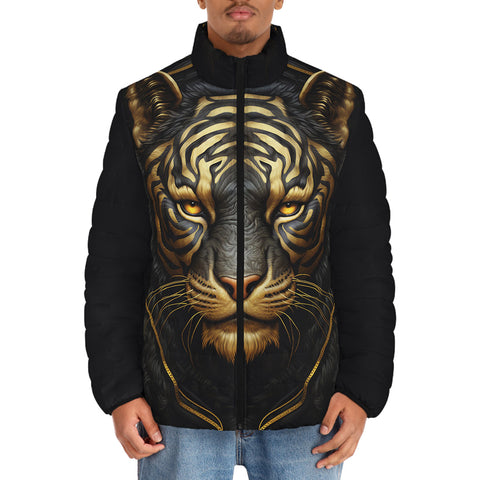 Down-Padded Puffer Jacket Black and Golden Tiger Face