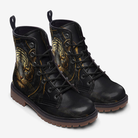 Leather Boots Black and Golden Tiger Face