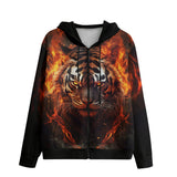 Men's Zip Up Hoodie Tiger with Flames