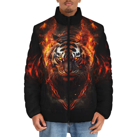 Down-Padded Puffer Jacket Tiger with Flames