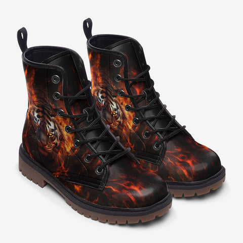 Leather Boots Tiger with Flames