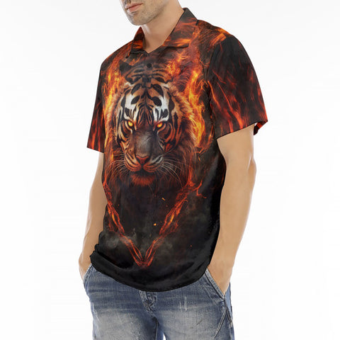 Men's Polo Shirt Tiger with Flames