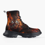 Casual Leather Chunky Boots Tiger with Flames