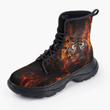 Casual Leather Chunky Boots Tiger with Flames